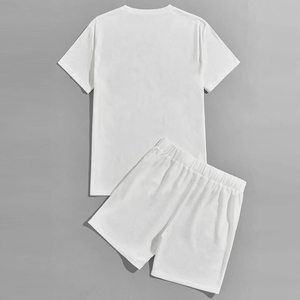 T-shirt blanc en coton à col rond pour homme avec poches jaunes et vertes, ensemble décontracté d'été à manches courtes, short en tricot respirant - Product Image 2