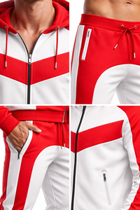 Conjunto de chándal rojo y blanco con contraste para hombre – Sudadera con capucha y cremallera y pantalones jogger, ropa deportiva ajustada para gimnasio, conjunto informal para fitness - Product Image 6