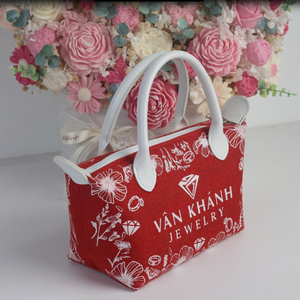 Custom Logo Red Jute Tote Bag Hand Length Handle <b>Small</b> Size Zipper Closure Hanoi Made Jewelry Packaging Advertising <b>Gift</b> Bag - Product Image 1