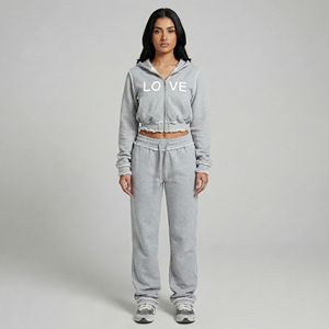 Ensemble de survêtement décontracté pour femme, sweat à capuche zippé gris clair et pantalon de jogging en molleton de coton, deux pièces, style streetwear - Product Image 6