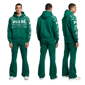 Fashion Forward Men's Flare <b>Tracksuit</b> with Emerald Pulse Puff Print Artwork and Relaxed Wide Leg Silhouette - Product Image 1