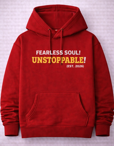 Sudadera con capucha roja llamativa – ¡Alma sin miedo! ¡Imparable! Diseño gráfico motivacional – Sudadera unisex que te da poder - Product Image 2
