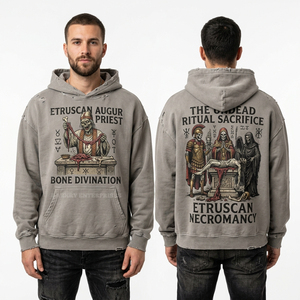 Sudadera con capucha beige para hombre, con gráfico del Ritual del Ceñíbal, estilo streetwear, oversize, con bordes desgarrados, lavado vintage, venta al por mayor - Product Image 4