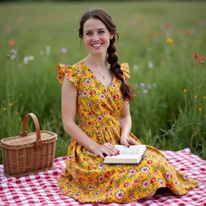 Vestido cruzado de manga de aleteo amarillo de algodón éticamente hecho a mano para damas con comodidad diaria atemporal en un diseño sostenible - Product Image 6