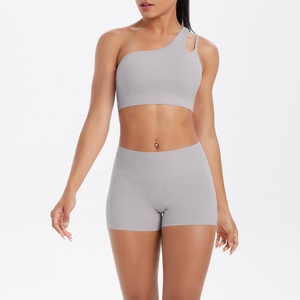 Seamless Gray 2 Piece Yoga Set Racerback Crop Top High Waist Shorts Solid Color Activewear - Product Image 2