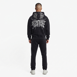 Ensemble de survêtement homme OEM personnalisé, style streetwear, avec sweat à capuche zippé et pantalon de survêtement, orné de strass, effet délavé à l'acide et délavé soleil - Product Image 2