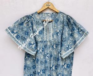 Mini vestido Maxi para mujer con estampado de flores azul y blanco de algodón indio recién llegado - Product Image 1