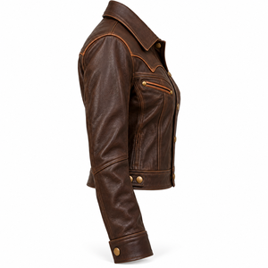 Custom Womens Brown Vintage Western Genuine Leather Jacket Distressed Biker Outerwear Slim Fit OEM Snap <b>Button</b> <b>Coat</b> Retro - Product Image 3