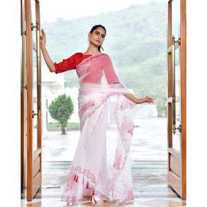 Sari traditionnel en organza rouge Kalash peint à la main, manches trois-quarts, taille unique, avec pièce de chemisier en mousseline de soie incluse, pour femme - Product Image 6