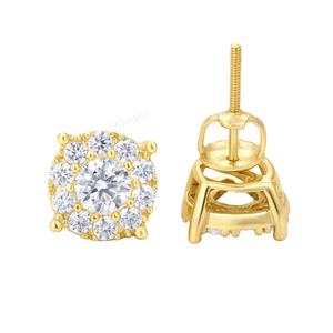 Boucles d'oreilles clous en moissanite taille brillante motif floral Hip Hop, en argent sterling plaqué or, avec fermoir à vis, personnalisables, cadeau de bijoux idéal - Product Image 1