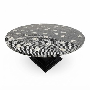 Mesa de centro redonda con incrustaciones de hueso azul a rayas, mesa de pedestal moderna de lujo con patrón geométrico, muebles de sala de estar para el hogar - Product Image 6