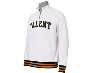 <b>Men's</b> Custom <b>White</b> Quarter Zip <b>Sweatshirt</b> Fleece Pullover with Chenille Varsity Lettering Striped Rib Cuffs - Product Image 4