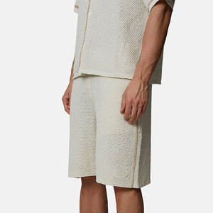 <b>Men's</b> Cream Cotton <b>Pajama</b> <b>Set</b> Short Sleeve Shirt And Bermuda Shorts Solid Color Casual Breathable Woven Fabric With Pockets - Product Image 4