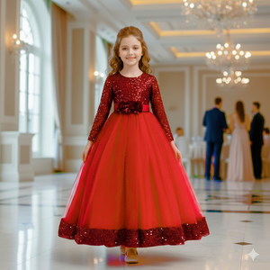 Robe de demoiselle d'honneur de luxe en velours rouge à sequins, broderie florale, pour enfants, idéale pour les fêtes d'anniversaire et les mariages, vente en gros - Product Image 5