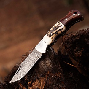 Handmade Industrial/DIY Grade <b>Folding</b> <b>Knife</b> 7.5 Inch Damascus Steel Wooden Handle 3mm Blade Thickness Straight Clip Point - Product Image 1