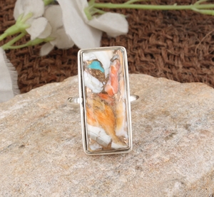 Wholesale <b>Large</b> Rectangle Spiny Oyster Turquoise Wedding Party Classic Statement <b>Ring</b> 925 Sterling Silver Bezel Setting Orange - Product Image 5