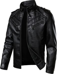 <b>Men's</b> Classic Black PU Faux <b>Leather</b> Biker <b>Jacket</b> Stand Collar Snap Button Quilted Shoulder Multi Zipper Moto Style OEM Custom - Product Image 2
