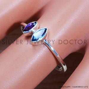 Anillo de Amatista Corte Marquesa y Topacio Azul, Colección Vintage Antigua con Sello 925, Anillos de Boda con Dos Gemas - Product Image 3