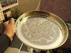 Round Gold Serving <b>Tray</b> with Handles Decorative Engraved Metal Tea Coffee <b>Snack</b> Serving Platter for Home Dining - Product Image 3