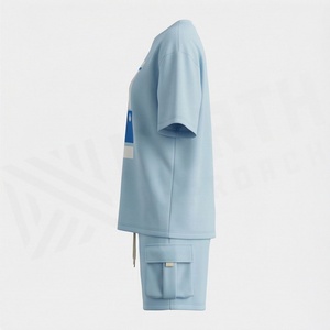 Ensemble de shorts 2 pièces unisexe bleu clair à imprimé géométrique, t-shirt à manches courtes col rond et short cargo, vêtements décontractés pour le printemps et l'été - Product Image 3