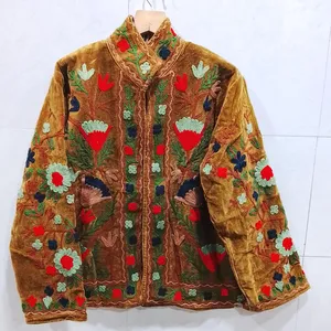 เสื้อแจ็คเก็ตผ้าฝ้ายสีน้ำตาลปักลายซูซานีสำหรับผู้หญิง สไตล์โบฮีเมียนลายดอกไม้ งานแฮนด์เมดสไตล์วินเทจ เสื้อคลุมลำลอง - Product Image 5