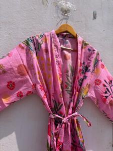 Bata Kimono de Algodón con Estampado Floral Rosa para Mujer, Larga, Cuello en V, Manga 3/4, Cierre con Cordón, Transpirable, Ropa de Dormir Informal de Verano - Product Image 2