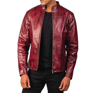 Chaqueta de Cuero Borgoña Desgastada para Hombre, Piel de Vacuno Auténtica, Estilo Motero Vintage, Prenda Exterior para Moda Casual e Invernal - Product Image 5