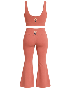 Manufacturer Custom Dusty Coral Women <b>Flared</b> Yoga Set Embroidered Sports Bra And High Waist Bell Bottom <b>Leggings</b> Fitness Wear - Product Image 2