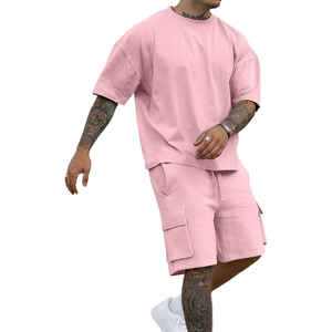 Conjunto de camiseta y pantalones cortos casuales de verano para hombre, de color sólido, cuello redondo, manga corta, con pantalones cortos tipo cargo, transpirable, tejido, 100% algodón - Product Image 4