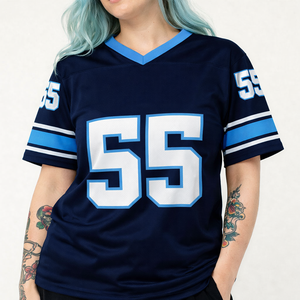 Maillot de football américain pour femmes, bleu marine, en maille, col en V, respirant, en polyester, maillot de football, t-shirts, numéro personnalisé, OEM, vente en gros, USA - Product Image 2
