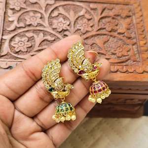 Antique Gold Plated Peacock Jhumki Earrings with Pearl Charm for Wedding and Party - Product Image 1