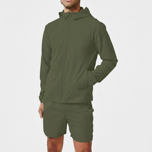 Men's Hooded Windbreaker <b>Set</b> Solid Olive Green Quick Dry <b>Knitted</b> Casual Summer Outerwear Track Suit - Product Image 1