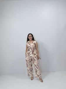 Ensemble coordonné élégant pour femme, imprimé feuilles brunes, avec tunique sans manches à col en V et pantalon large décontracté - Product Image 2