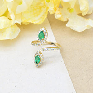 Anillo ajustable Toi et Moi Serpent Bypass de oro amarillo de 14 quilates con diamantes naturales y esmeralda talla pera con halo para mujer - Product Image 6