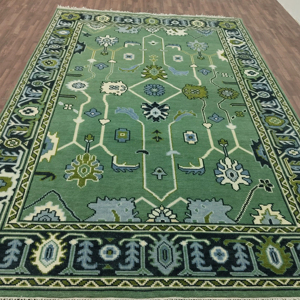 Alfombra Abstracta de Lana Anudada a Mano Estilo Oushak |   Alfombra Decorativa Grande para Sala de Estar, Hecha a Mano, Estilo Vintage, Color Verde Pastel - Product Image 1