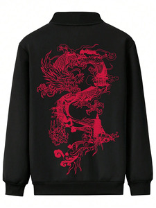 VITHAS INDUSTRY Unisex Black Bomber <b>Jacket</b> Red Dragon Print Chinese Style Coated <b>Canvas</b> Material Spring Wear Collarless Zipper - Product Image 3