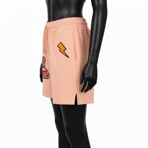 Shorts de bain pour femmes en coton et polyester, couleur pêche, avec patch graphique en chenille brodé, logo personnalisé. - Product Image 5