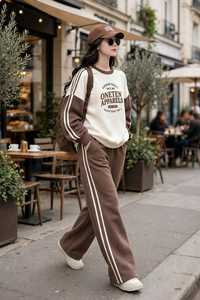 <b>Women's</b> Brown <b>White</b> Color Block Printed 2-in-1 Lightweight Polyester/Cotton <b>Tracksuit</b> Set Full Sleeve Turtleneck Zipper Sporty - Product Image 6