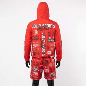 Ensemble veste coupe-vent et short en polyester Taslon rouge pour homme, impression par sublimation, logo personnalisé - Product Image 5