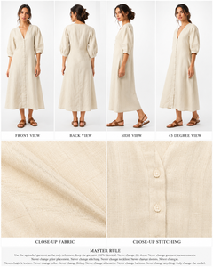 Puff Sleeve Linen/Cotton Modest V Neck Button Straight Solid Breathable Eco-Friendly Women's <b>Beach</b> <b>Kaftan</b> Dress Side Pockets - Product Image 3