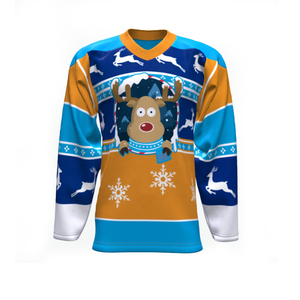 Maillot de hockey sur glace à col en V, imprimé rennes de Noël, manches longues, unisexe, vêtements de sport d'hiver pour adultes, design sublimé - Product Image 1