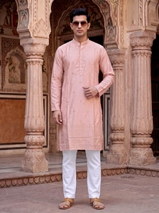 MALAI SILK <b>KURTA</b> PAYJAMA with HEAVY EMBROIDERY SEQUENCE WORK for WEDDING and DIWALI TRADITIONAL UNISEX ALL SEASONS - Product Image 2