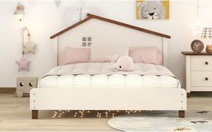 Cama de plataforma de madera maciza tradicional con cabecero de cama color crema blanco y gris en forma de Casa de tamaño completo - Product Image 5