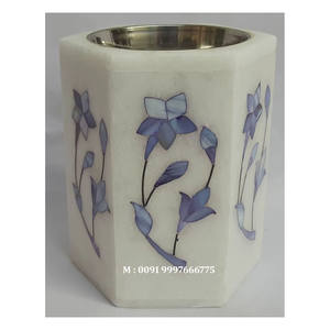 Brûleur à Bakhoor en marbre blanc naturel de forme hexagonale avec incrustation de nacre bleue, design en incrustation de fleurs fait à la main, utilisé pour la décoration de festival - Product Image 2