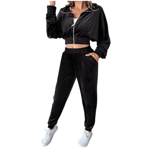 Conjunto Deportivo de Terciopelo para Mujer, Dos Piezas, Top Corto con Cierre y Pantalones Largos, Ropa Deportiva Casual, Venta al Por Mayor OEM - Product Image 5