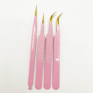 Pince à épiler d'extension de cils en acier inoxydable massif à poignée diamantée, pointe pointue dorée, extension de cils à courbe d'isolation rose - Product Image 2