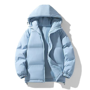 Chaqueta Acolchada con Capucha Azul Claro, Unisex, Informal de Invierno, Ecológica, con Forro de Lana, Resistente al Viento, Corte Holgado, Relleno de Algodón Estándar - Product Image 1