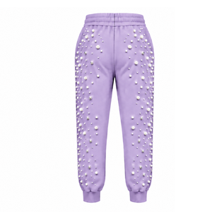 Lilac Pearl Beaded <b>Jogger</b> Pants <b>Women</b> Fashion Embellished Drawstring Sweatpants Luxury Casual Streetwear <b>Fleece</b> Trousers Custom - Product Image 2