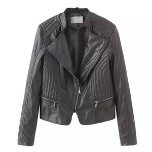 Blouson bomber coupe-vent en cuir PU noir pour femme, manches longues, col en V, fermeture éclair, couleur unie, longueur normale, col montant - Product Image 1