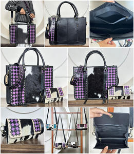 Bolso Tote de Cuero a Cuadros de Gran Capacidad y Cartera de Mano de Cuero Repujado a Mano, Conjunto de 2 Piezas a Juego, Colección March Expo - Product Image 3